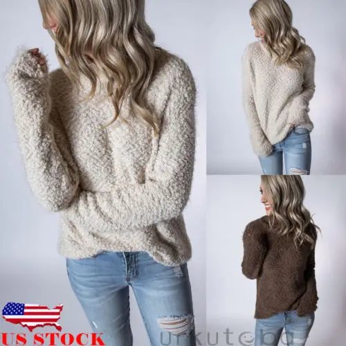 

US Womens Casual Sweaters Tops Jumper Ladies Winter Lambswool Coat Pullover Tops