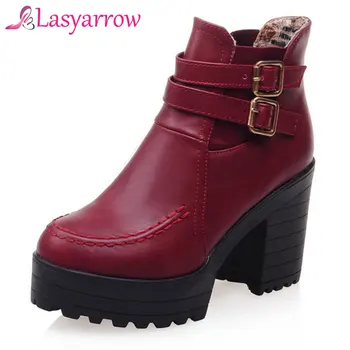 

Lasyarrow Fashion Black Martin Boots Women Spring Autumn PUnk Buckle Platform Shoes Woman Ankle Boots High Heels Women's Boots