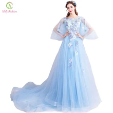 SSYFashion, новое романтическое кружевное платье для выпускного вечера, милое светло-синее платье с аппликацией и рукавом-бабочкой, длинное вечернее платье с коротким шлейфом
