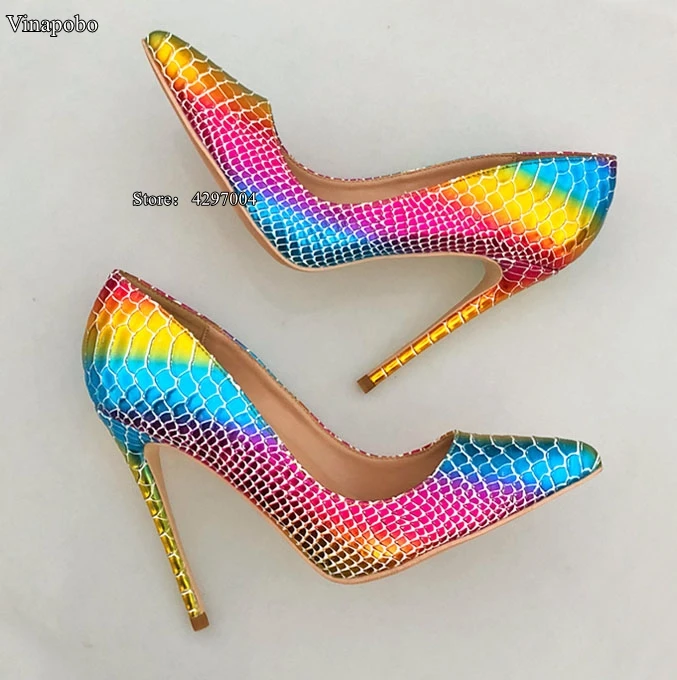 New Pointed Toe Shoes Women Colorful Rainbow Snake Printed Pumps 8/10/12cm High Heels Genuine Leather Stilettos Women Shoes