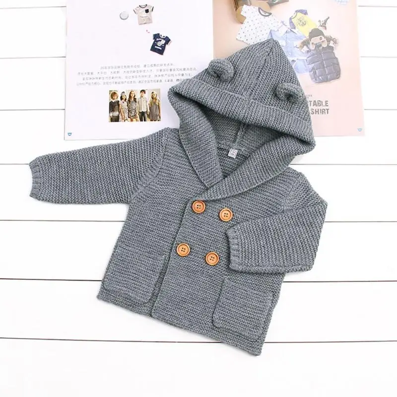 Вязаный кардиган для маленьких мальчиков зимние теплые для детей детские свитера однотонные свитера пальто с капюшоном и длинными рукавами детская одежда