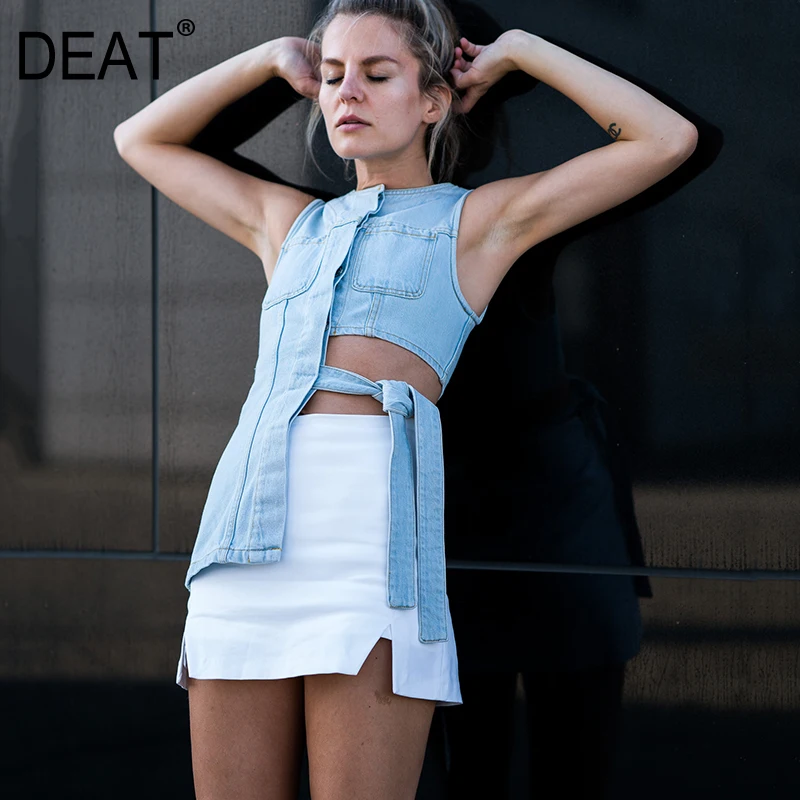 

DEAT 2019 new summer fashion women clothes round neck sleeveless denim jacket female irrgular waist belts top WF33905L