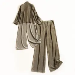2019 летний модный комплект из двух предметов, Длинный топ с разрезом, широкие брюки, Однотонный женский комплект
