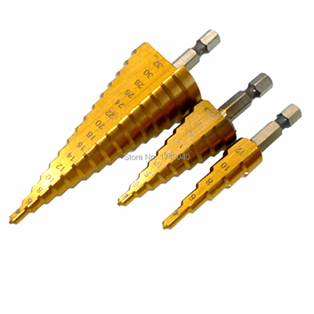 3pc Titanium HSS Step Drill Bits Set 4mm to 12/20/32mm Wood Metal