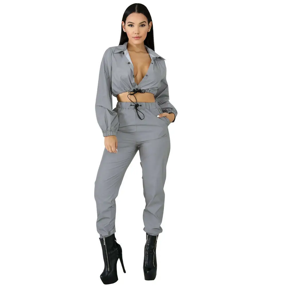 

Fashion Women Long Sleeve Crop Tops High Waist Pants Sets Two Piece Jumpsuit Playsuit Casual Reflective Zipper Outfits Gray