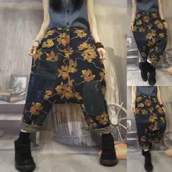 Мешковатые Низкий шаговый шов женские джинсовые брюки печатных широкие брюки джинсы для женщин хип хоп негабаритных ковбойские шаровары