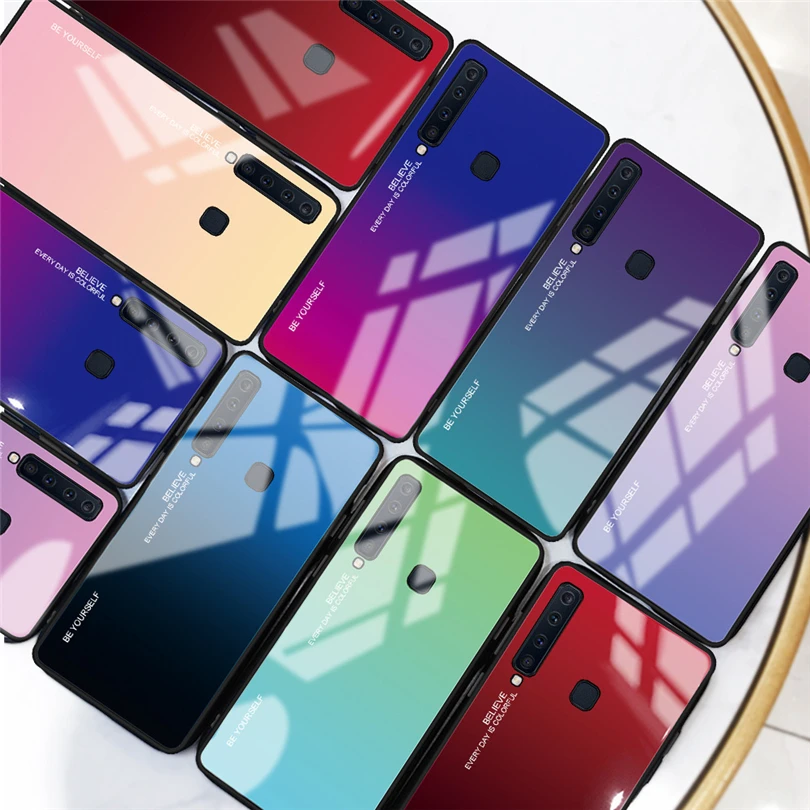 Жесткий чехол из закаленного стекла для Samsung Galaxy M20 A30 A50 A7 A8 A9 2018 градиентный ТПУ |