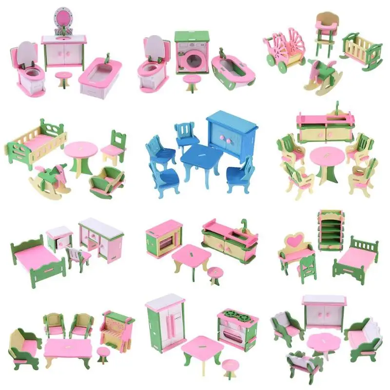 Simulation Miniature Wooden Furniture Toys Dolls Kids Baby Room Play Toy Furniture DollHouse Wood Furniture Set For Dolls