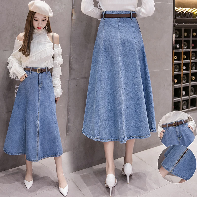 

2019 Long Denim Skirt Jeans Saias A Line Casual Maxi Skirt With Pockets Women Summer Style Dark Blue Four Seansons Jeans a word