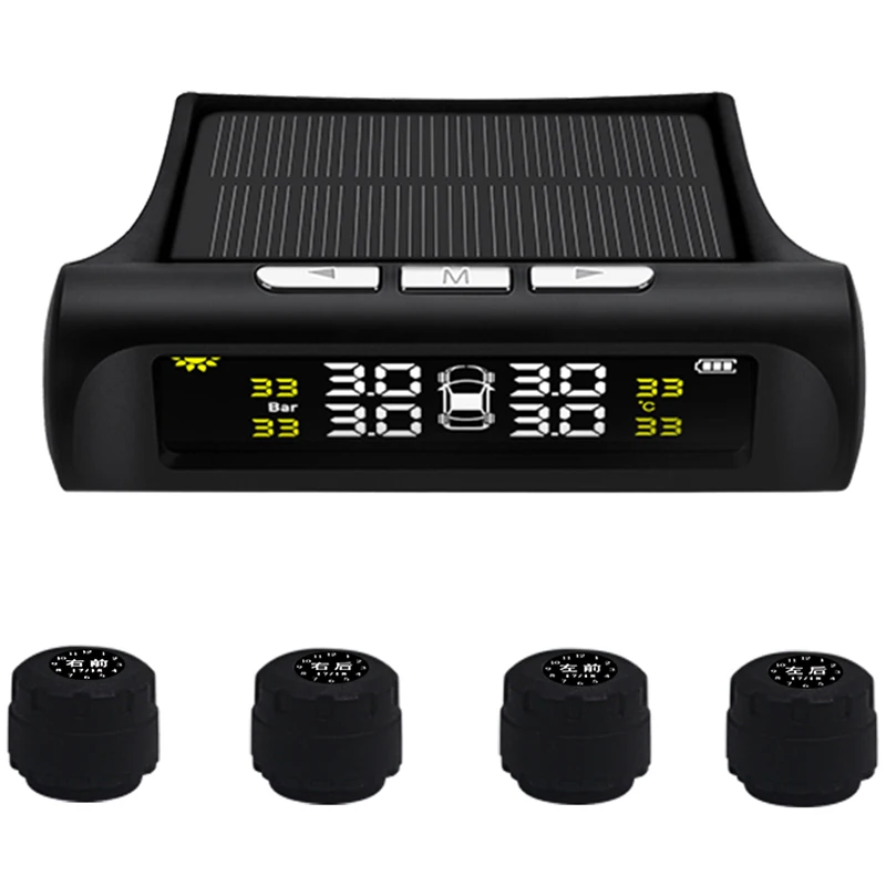 

Car TPMS Wireless Tire Pressure Monitor Alarm System+4 External Sensor Tyre Detector Real-time Monitoring Solar/USB Charge Power