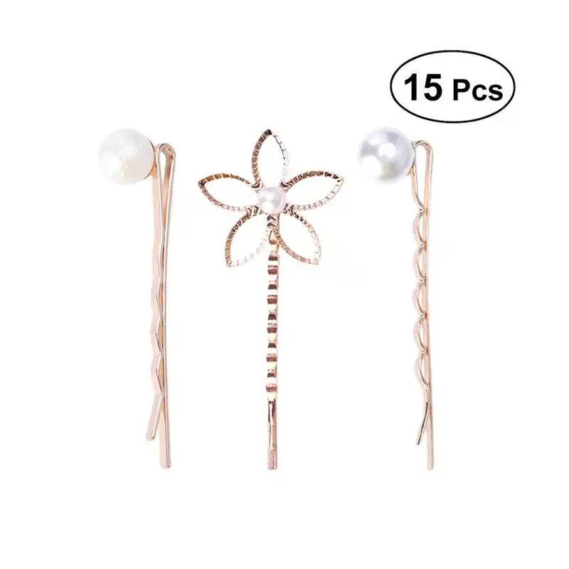 15pcs Hair Clips Delicate Golden Flower Shaped Pearl Fashion