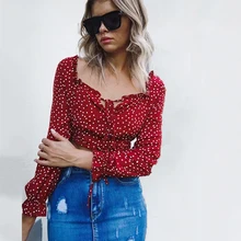 NEW Women Vintage French Square Neck Blouse Ruffle Hem Top with Long Sleeve black red polka dot Blouse summer and spring NEW Women Vintage French Square Neck Blouse Ruffle Hem Top with Long Sleeve black red polka dot Blouse summer and spring