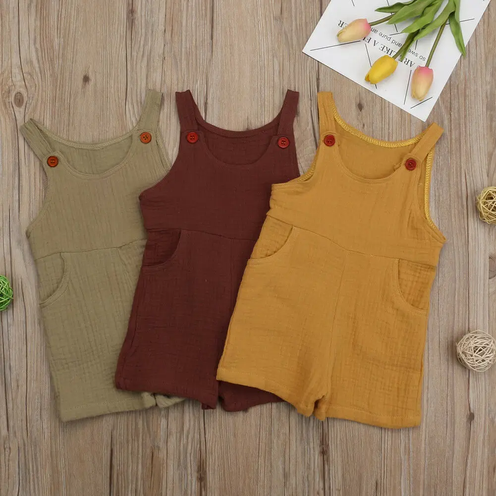 

2019 New Summer Overalls Shorts Kids Baby Girl Boy Cotton Linen Rompers Jumpsuit Sleeveless Playsuits Outfits Clothes 0-3Y