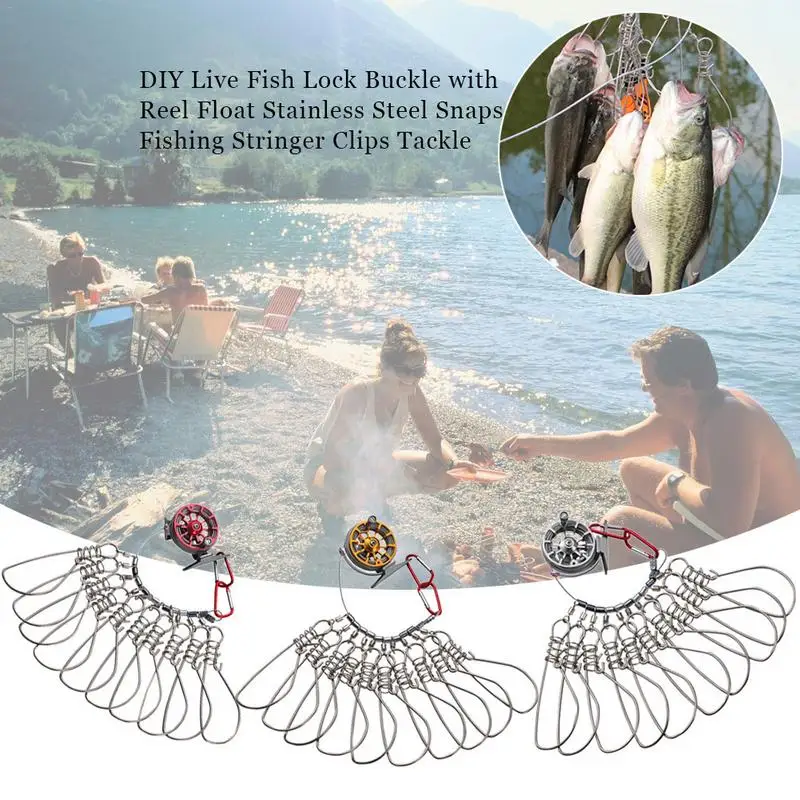 

High-strength Long Lanyard Live Fish Lock With Reel Floating Stainless Steel Snap Fishing Stringer Clip Easy To Carry