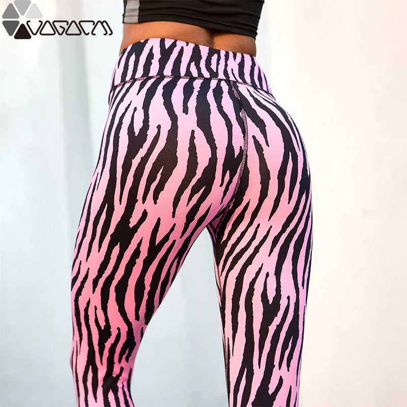 

New Athletic Women Yoga Gym High Waist Leggings Zebra Pattern Printing Pink Shark Pants Fitness Flex Hip Up Mujer Sport Clothes