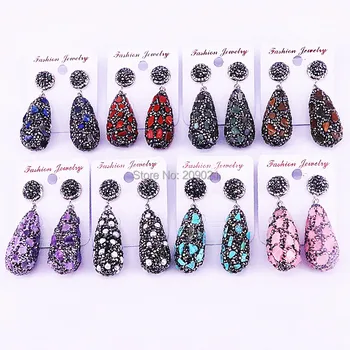 

5Pairs Fashion drop shape Natural stone dangle Earrings, handmade Pave Crystal Rhinestone Charm Jewelry earrings