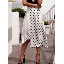Белые юбки в горошек Женская высокая талия шикарная мода Asymetrical расклешённая и в Складку Короткая юбка длинные юбки с разрезом Femme