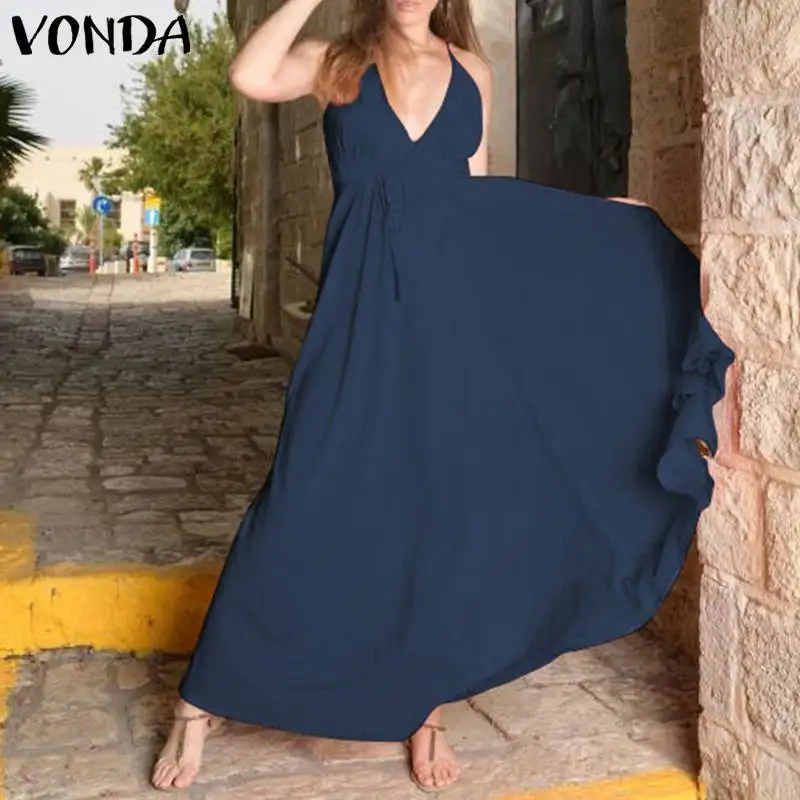 جديد VONDA النساء حزب اللباس 2019 الصيف عارضة رايون Vestidos مثير V الرقبة أكمام عارية الذراعين السباغيتي ماكسي فساتين طويلة