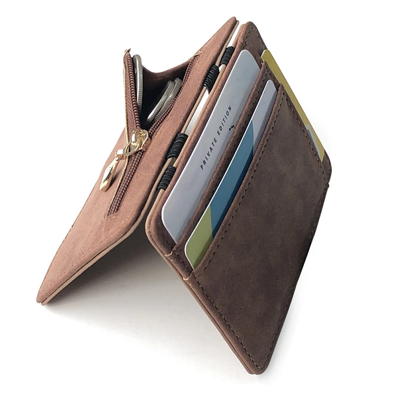 

Nubuck Leather Men Slim Wallet Credit Card Holder Magic Zipper Coin Pocket