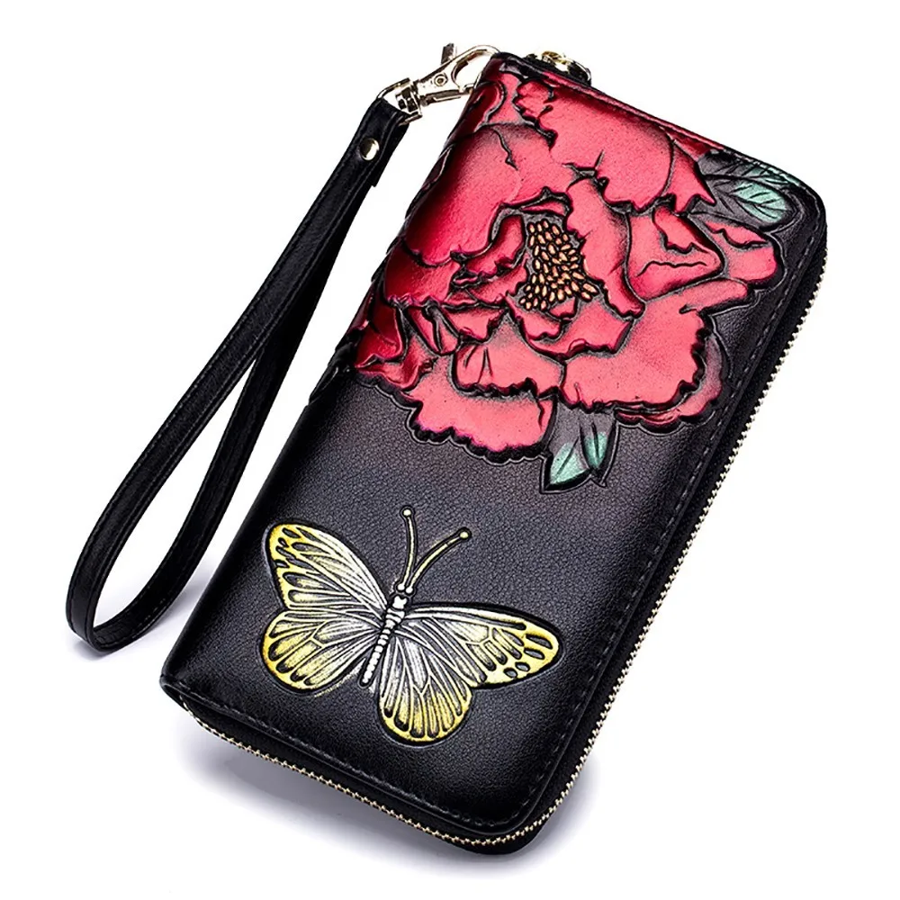 

Women Wallet Card Wallets Long Coin Purse Genuine leather Female Fashion Flower Bow Print Clutch Bag Phone Pocket Card Holder