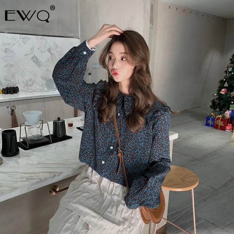 EWQ 2019 Весна Женская Раффлед средства ухода за кожей Шеи Рубашка Мода Chic шифон