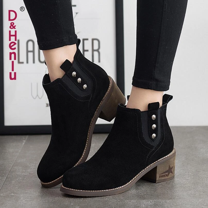 

{D&Henlu}Plus Size Shoes 41 42 43 Autumn Winter Chelsea Boots Women's Chunky Heels Boots Shoes Woman Suede Martin Ankle Boot