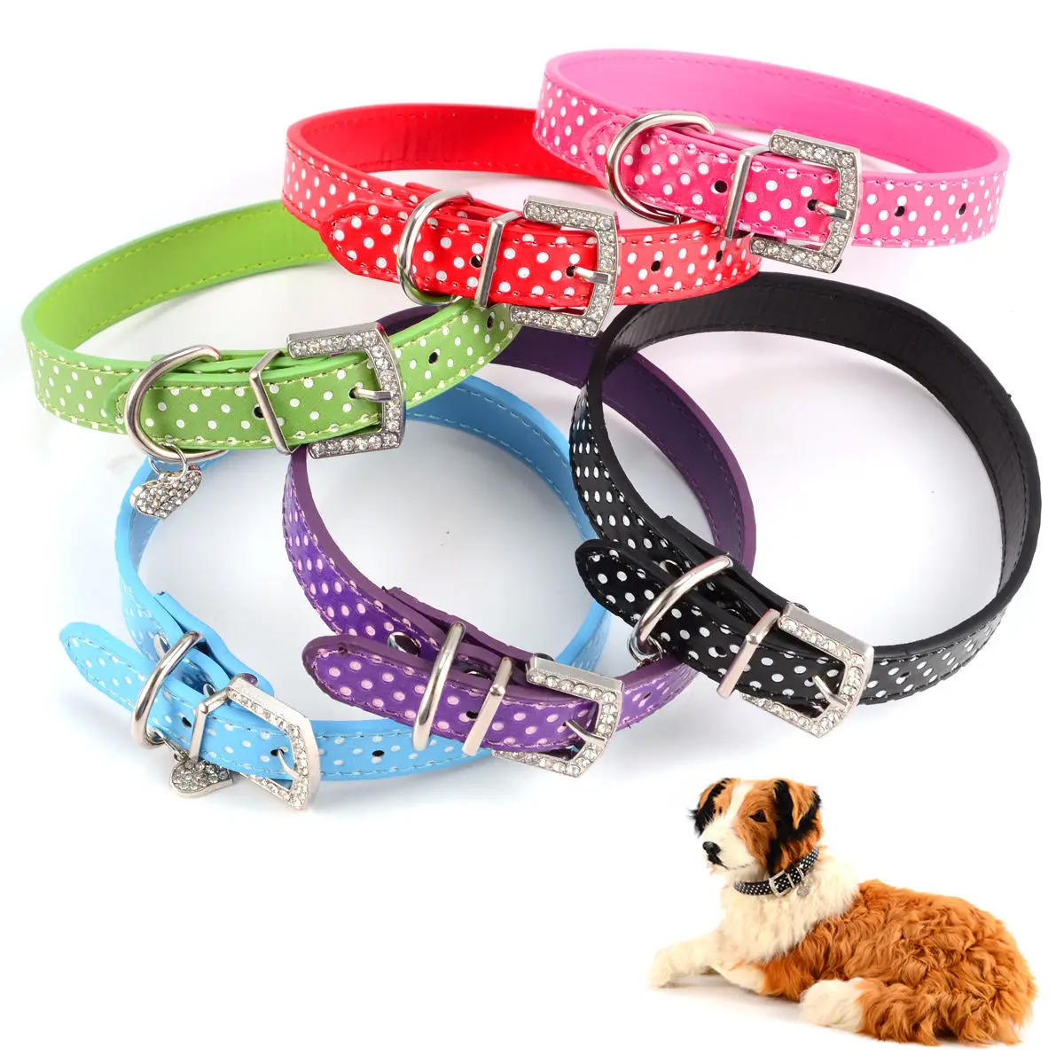Luxury PU Leather Dog Collars Diamante Collar Pet Bling Puppy Spotty S