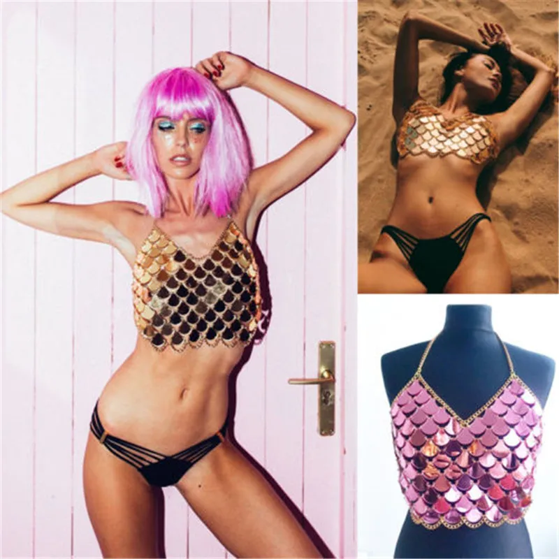 

Hot Sale Sexy Women Mermaid Backless Crop Tops Bralette Bra Party Sequin Body Chain Vest Tank V-neck Halter Shinny Tank Clubwear