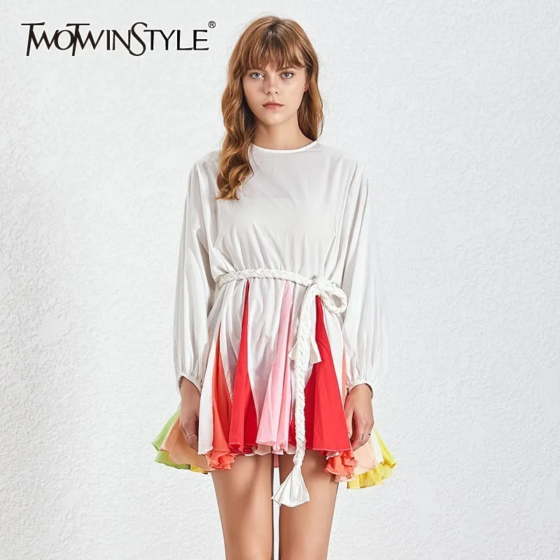 TWOTWINSTYLE Spring Hit Color Patchwork Womens Dress O Neck Puff Sleeve Bandage Pleated Dresses Female 2020 Casual Fashion New TWOTWINSTYLE Spring Hit Color Patchwork Womens Dress O Neck Puff Sleeve Bandage Pleated Dresses Female 2020 Casual Fashion New