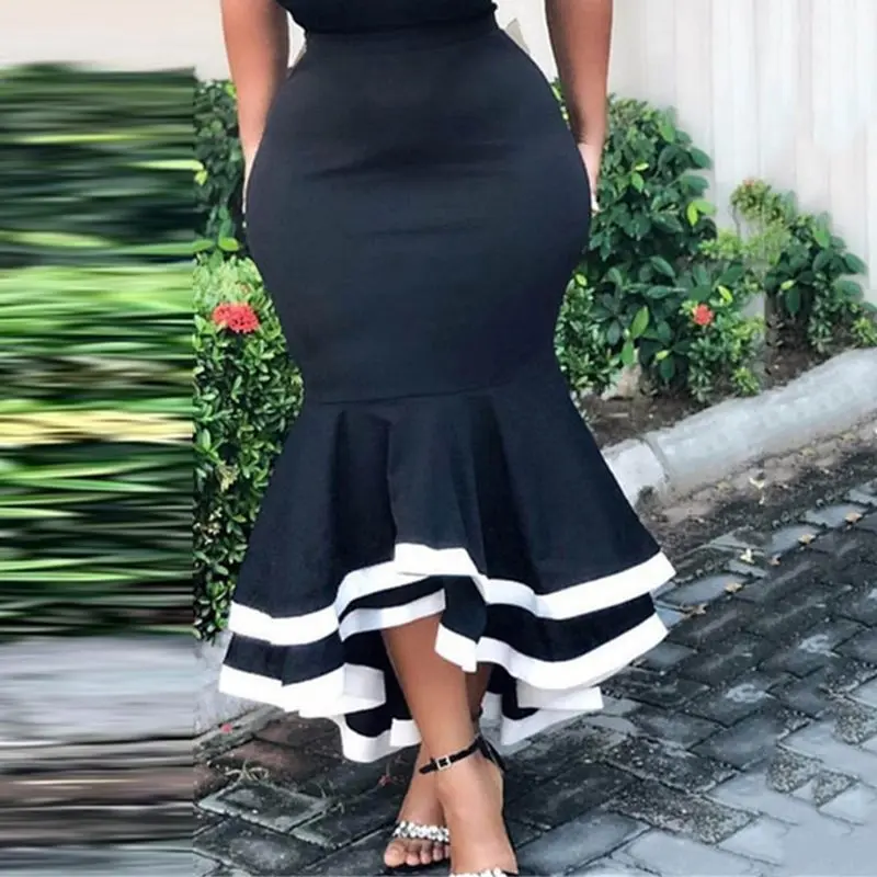 

Summer Elegant Vintage Party Plus Size Sexy Women Maxi Skirt Mermaid Ruffles Sweet Retro High Waist Female Black Fashion Skirts