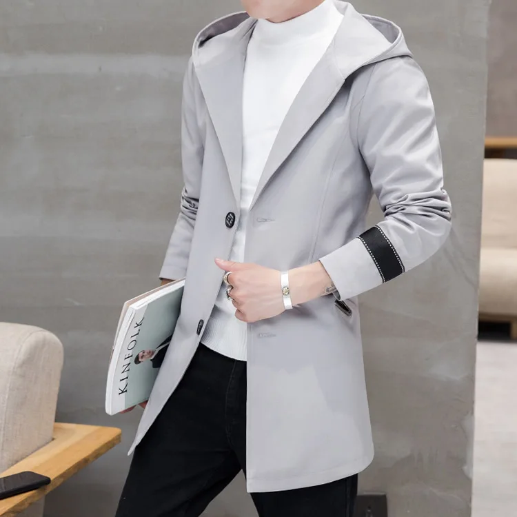 Mens Trench Coat 2018 New Fashion Designer Men Long Coat Autumn Winter Black  Grey One Button Slim Trench Coat Men Plus Size