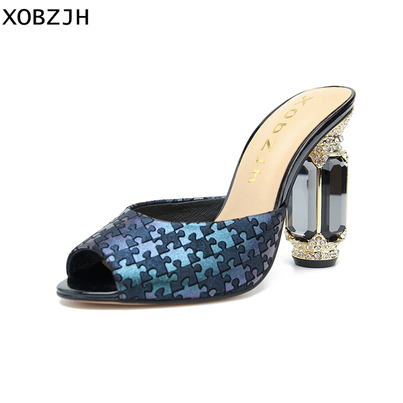 

Luxury Paris Women High Heels Sandals Summer Shoes 2019 Ladies Wedding Blue Leather Sandals Slippers Shoes Woman Big Size us 11