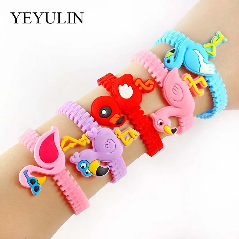 

Children Kids Birthday Gift Fashion Jewelry Fit Party Gathering 5 Pcs Pink Blue Cute Flamingo Charm Silicone Bracelets