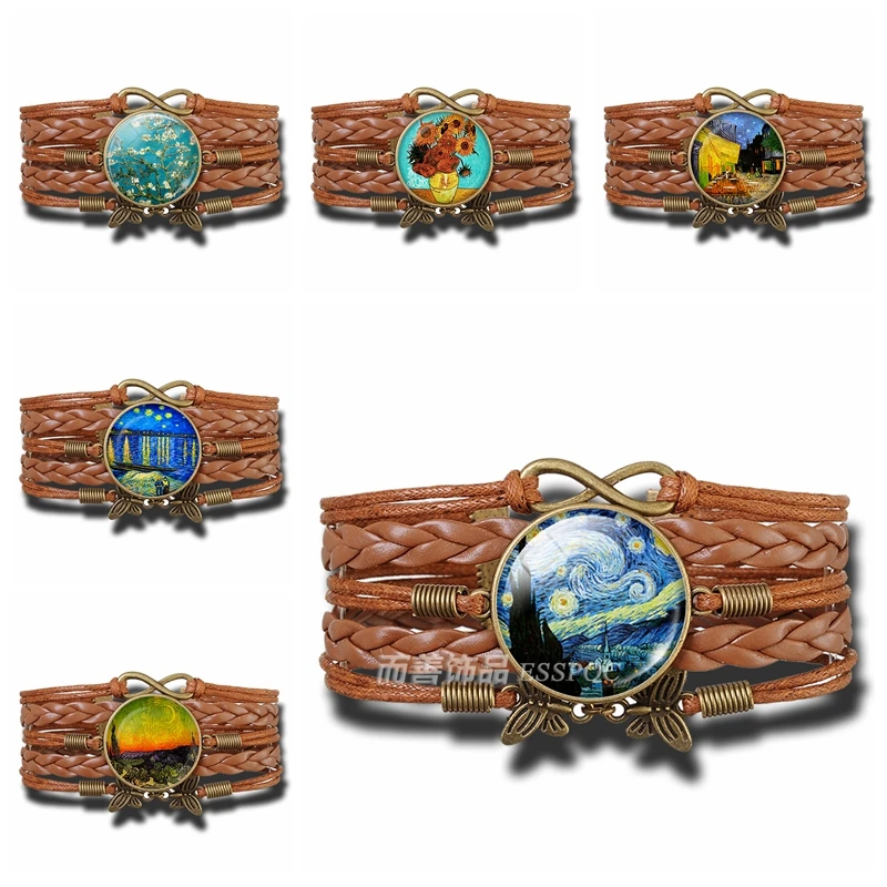 Модный многослойный Плетеный браслет стеклянный выпуклый купол Ван Гог Звездная ночь кулон Подсолнух картина ювелирные изделия аксессуары Подарки