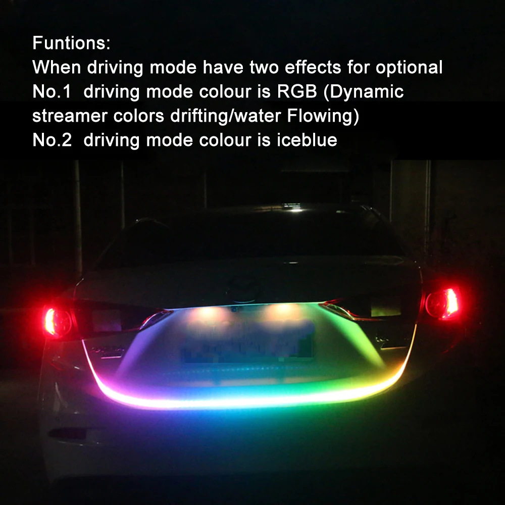 RGB Colorful Flowing LED Trunk Strip for Car Tail Trunk Dynamic Blinkers Turn Signal Brake Light DRL Daytime Running Lights RGB Colorful Flowing LED Trunk Strip for Car Tail Trunk Dynamic Blinkers Turn Signal Brake Light DRL Daytime Running Lights