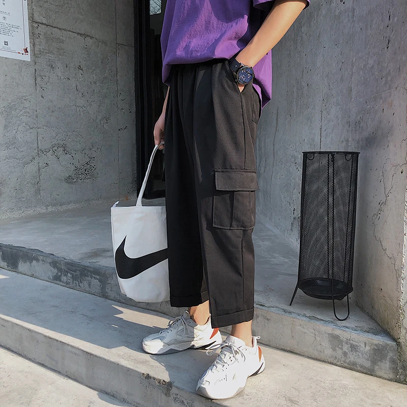 Men's Trousers  Summer New Loose Solid Color Stereo Pocket Korean Version Of The Straight Nine Pants Youth Casual Men's Clothing