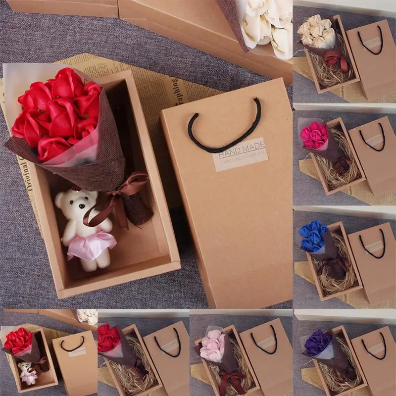 

7pcs Beautiful Handmade Soap Rose Flower With Littte Bear and Box Hardcover DIY Birthday Gifts Girl Mom Mother's Day Gift