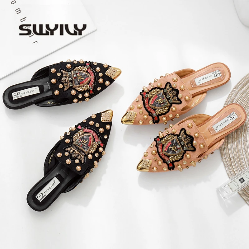

SWYIVY Shose Women Flat Half Slipper Mules Pointed Toe 2019 Crystal Summer Shoes Women Black Luxury Slippers Retro Rivet Mules