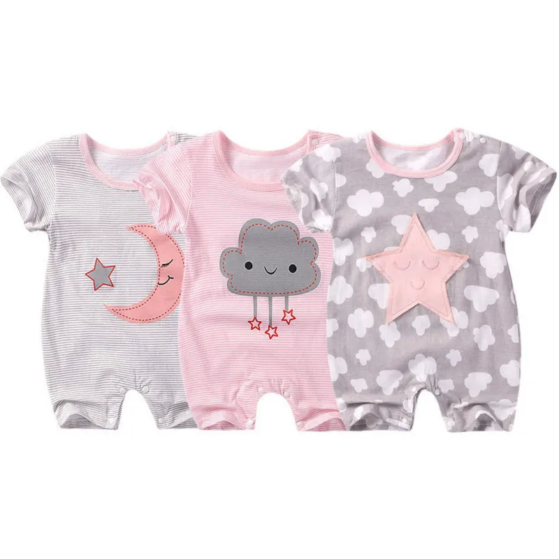 

2019 Summer New Baby Cute Rompers Kids Cototn Short Sleeve Round Neck Cartoon Printed Jumpsuit Climb Clothes