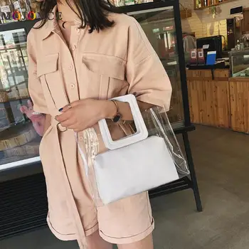 

2pcs/set Women Transparent Handbags Clutch Summer Beach Totes Fashion Top-handle Bags
