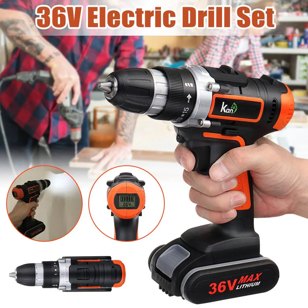 

36V LED Light Rechargeable Cordless Electric Drill Double-Speed Digital Display Lithium Battery Household Power Drills