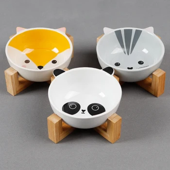 

Elevated Dog And Cat Pet Puppy Feeder Premium Ceramic Cartoon Print Dog Bowl With Bamboo Raised Stand Perfect For Dogs And Cat