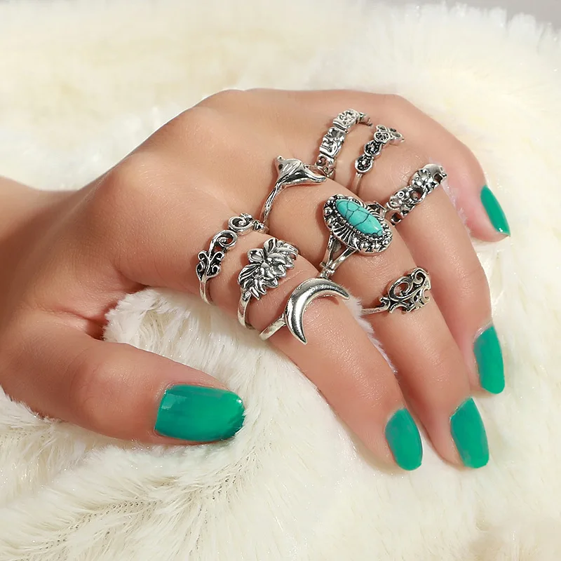 

Punk Silver Color Finger Rings Set Boho Silver Moon Lotus Fish Tail Joint Midi Knuckle Rings For Women 2019 Fashion Jewellery