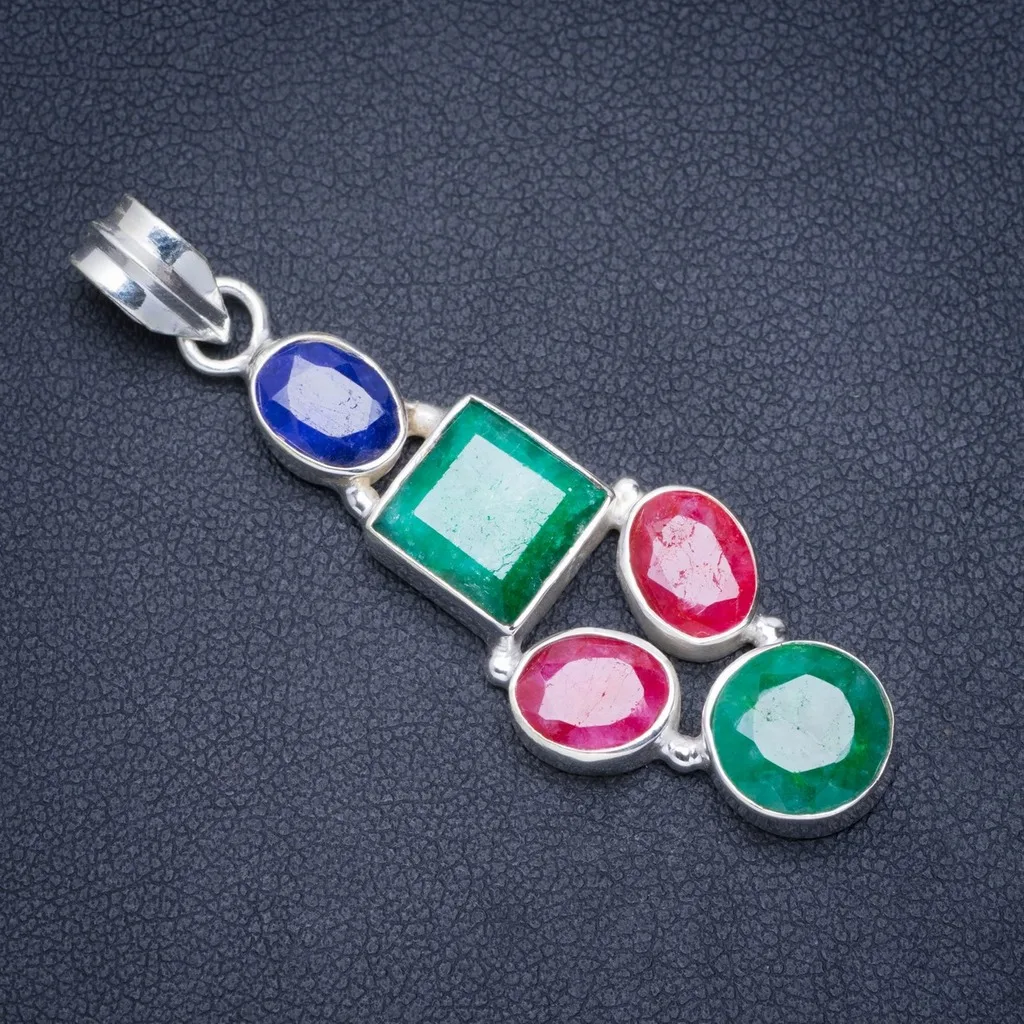 

Natural Emerald,Cherry Ruby and Sapphire Handmade Unique 925 Sterling Silver Pendant 2" A0248