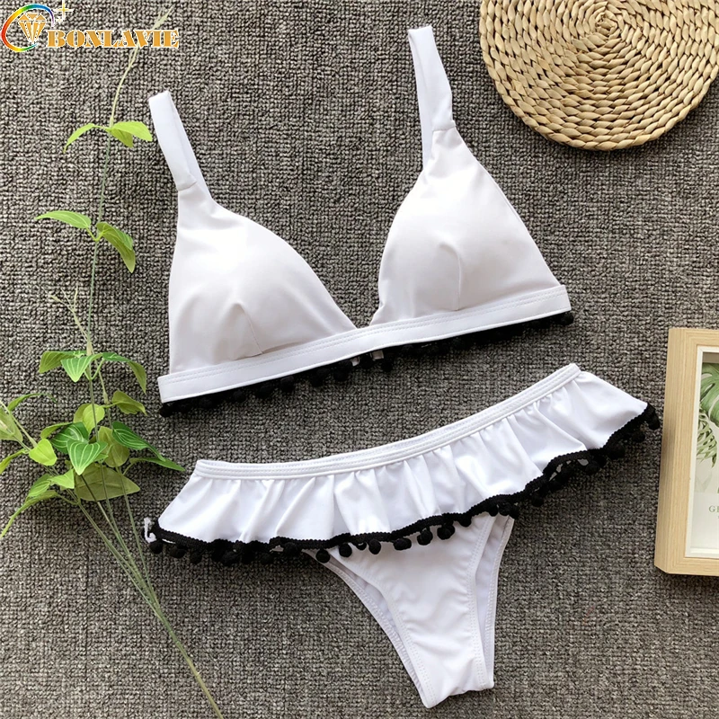New 2019 Bikinis Summer Beachwear White Black Lace Ruffle Split Swimwear Women Push Up Swimsuits Pompom Ball Maillot De Bain |