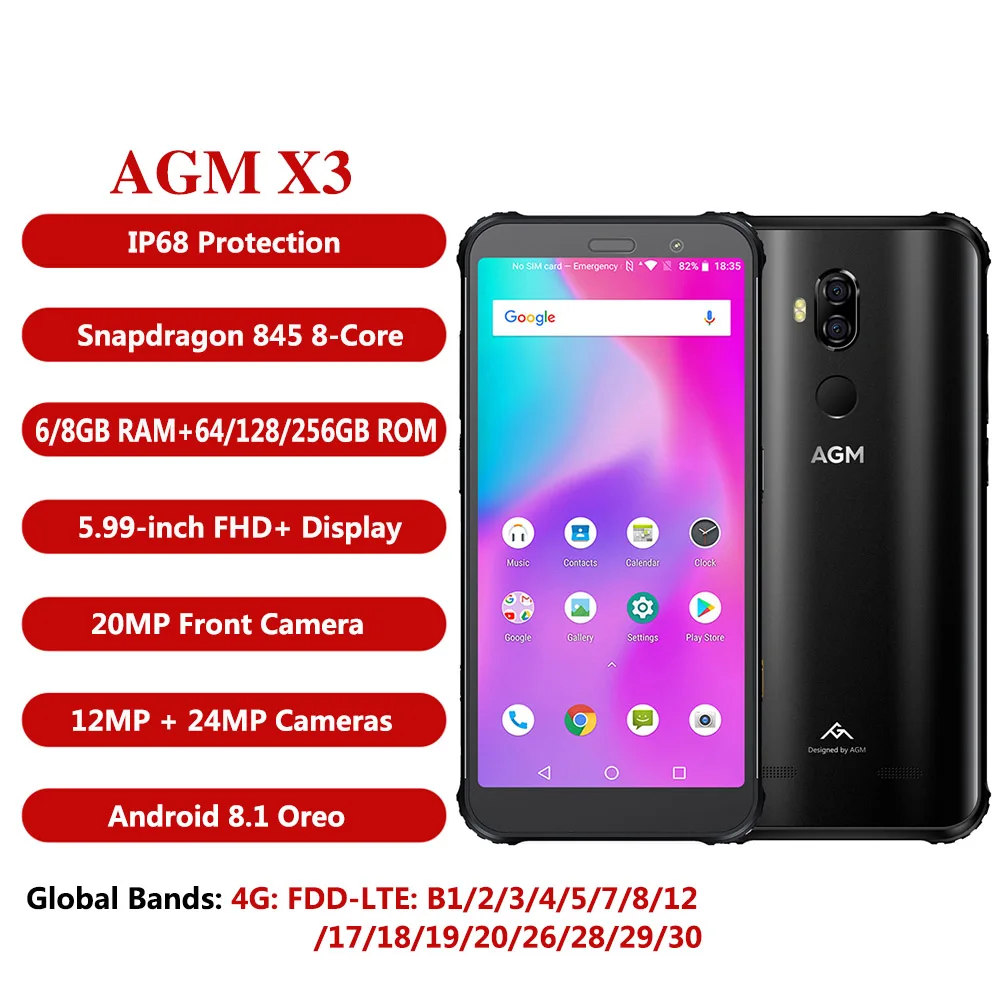 AGM X3 8 GB+ 256 ГБ Snapdragon 845 24MP+ 20MP камеры 4100 mAh Мобильный телефон IP68 Водонепроницаемый 5,99 дюйма Face ID NFC 4G LTE смартфон