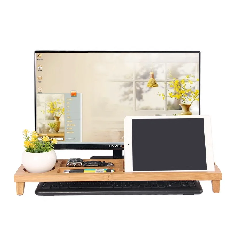 Multi-function Bamboo Storage Rack Computer Keyboard Stand Bracket Office Table TV Desktop Organizer Tableware Storage Box Shelf