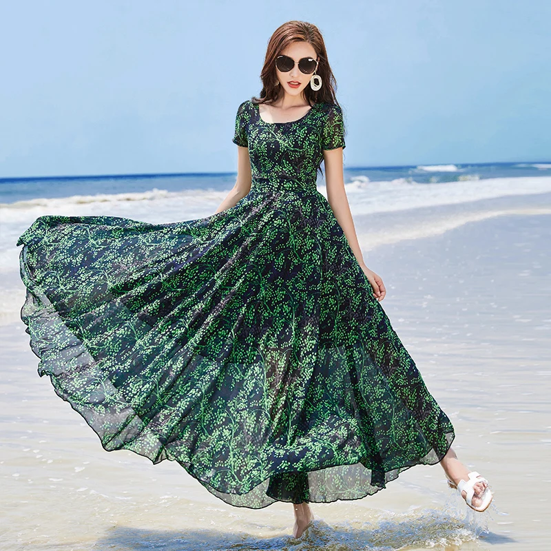 

Lady Bohemia Summer Dress Plus Size Korean Clothes Women Short Sleeve Floral Print Beach Long Chiffon Dresses M-XXXL