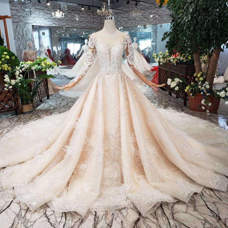 

Super luxury handwork sequins Wedding Dress Long sleeve champagne Gown Hand Sewing lace Wedding Gown