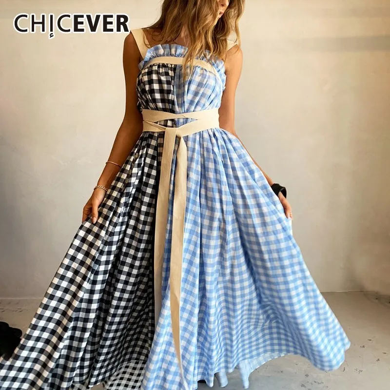 

CHICEVER Plaid Sleeveless Blue Women Dress Spaghetti Strap High Waist Bandage Hit Color Midi Dresses Female Summer Fashion 2019